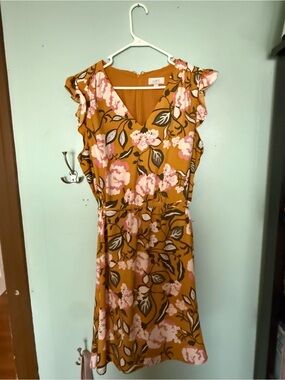 LOFT Mustard Floral Midi Dress with Flutter Sleeves